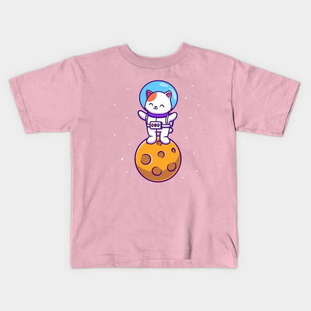 Cute Astronaut Cat Standing On Moon Kids T-Shirt by Catalyst Labs